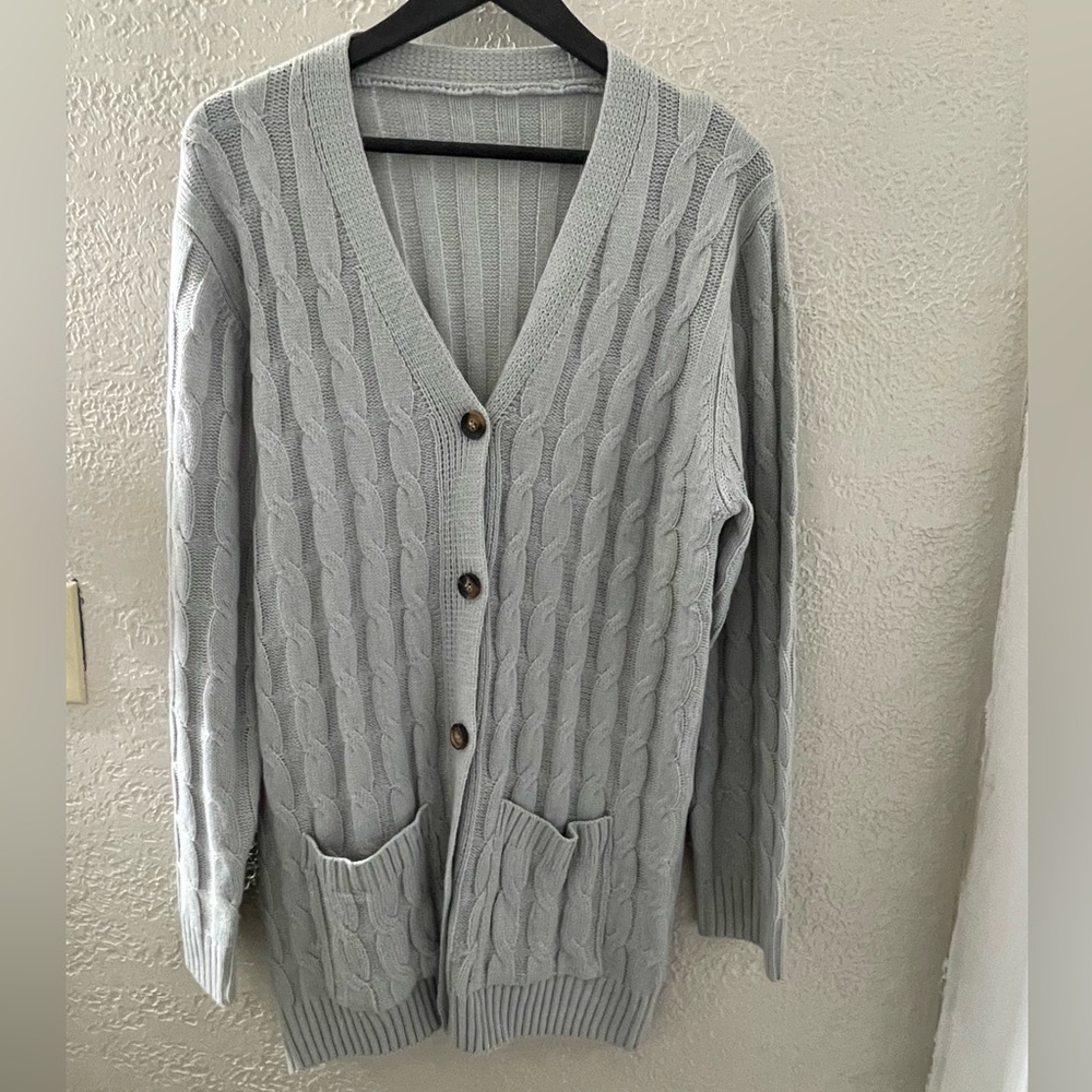 Women's Vintage Gray Cable Knit Cardigan SweaterSize Large
